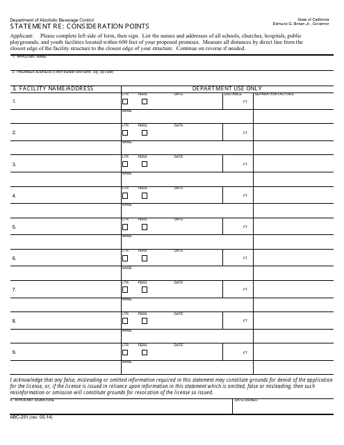 Form ABC-251 Statement Re: Consideration Points - California