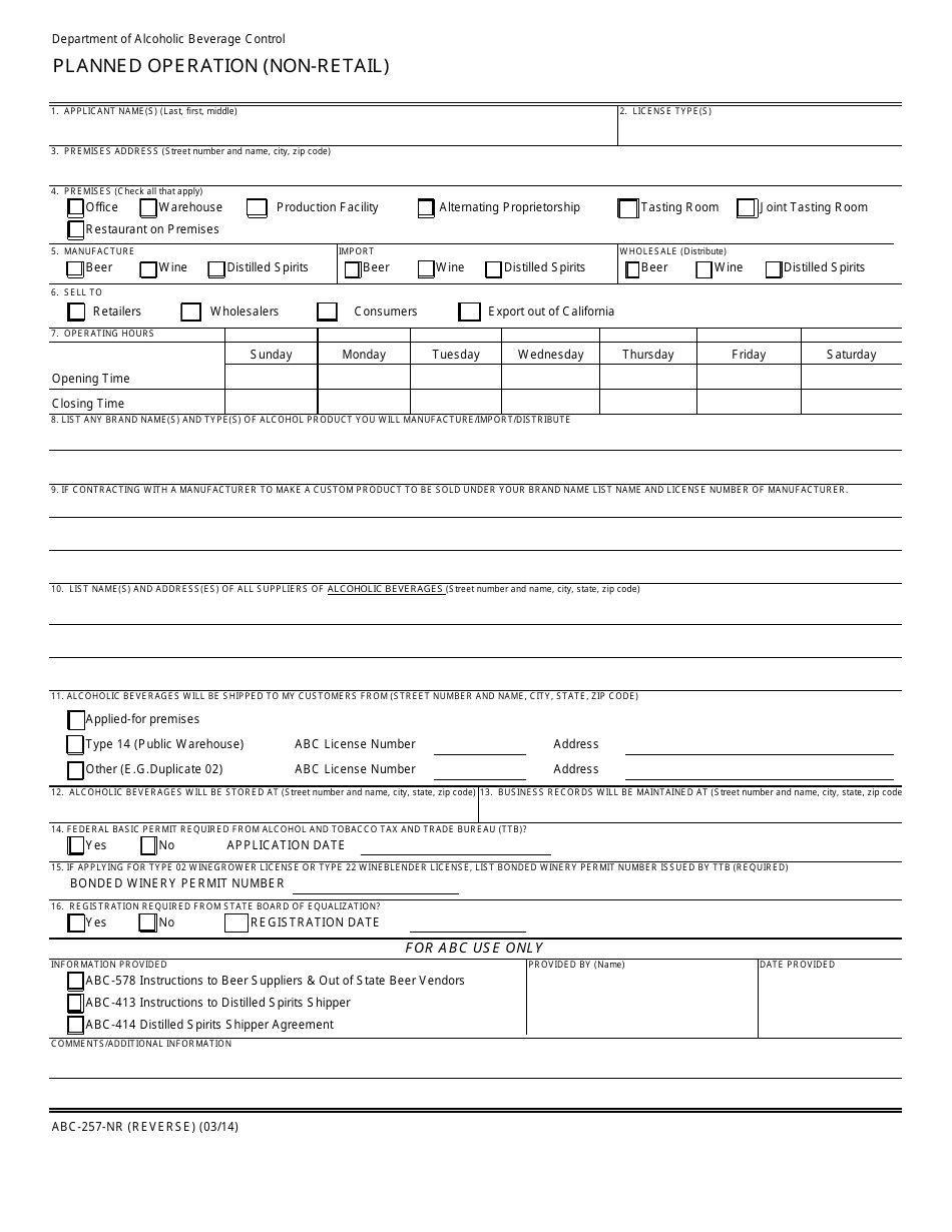 Form ABC-257-NR Planned Operation (Non-retail) - California, Page 1