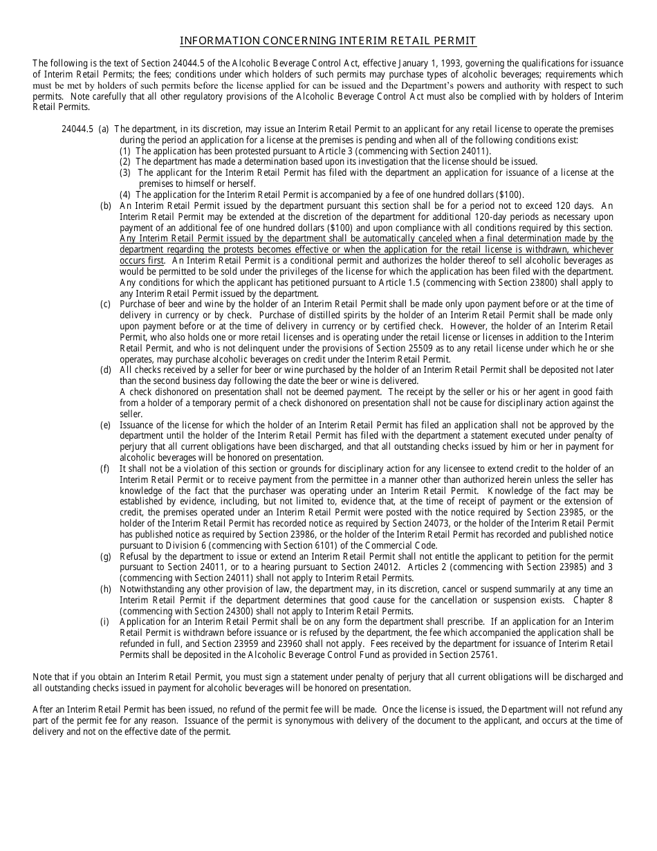 Form ABC-275 Declaration and Request for Interim Retail Permit - California, Page 1