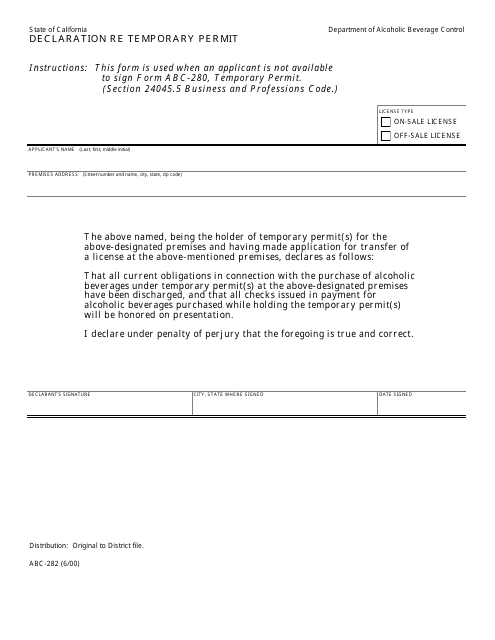 Form ABC-282 Declaration Re Temporary Permit - California