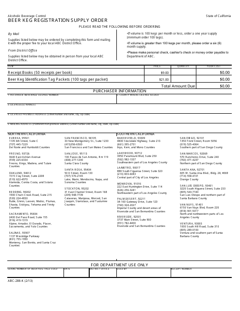 Form ABC-288-K Beer Keg Registration Supply Order - California