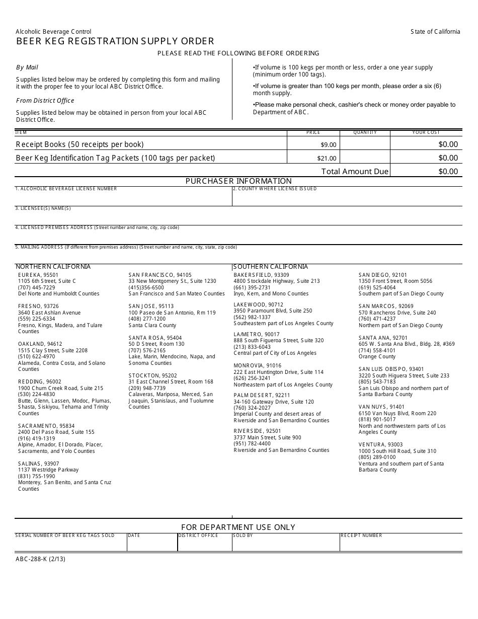 Form ABC-288-K Beer Keg Registration Supply Order - California, Page 1