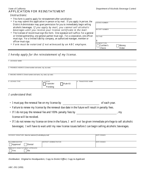 Form ABC-292 Application for Reinstatement - California