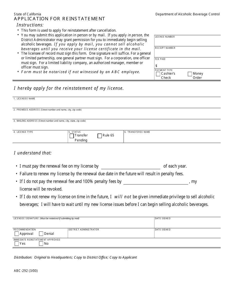 Form ABC-292 Application for Reinstatement - California, Page 1