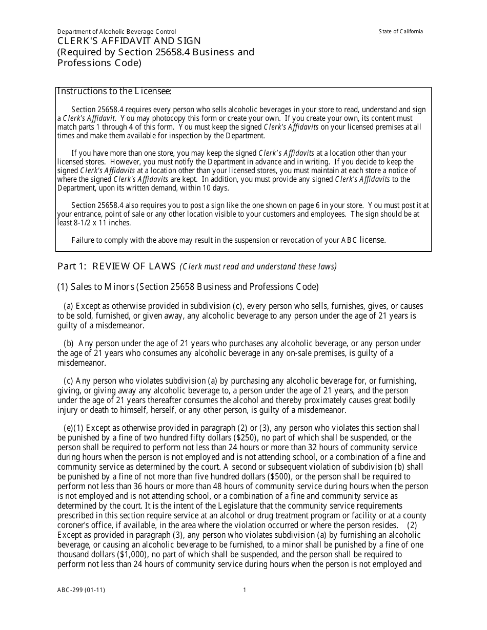 Form ABC-299 Clerks Affidavit and Sign - California, Page 1