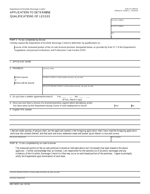 Form ABC-405-FL Application to Determine Qualifications of Lessee - California