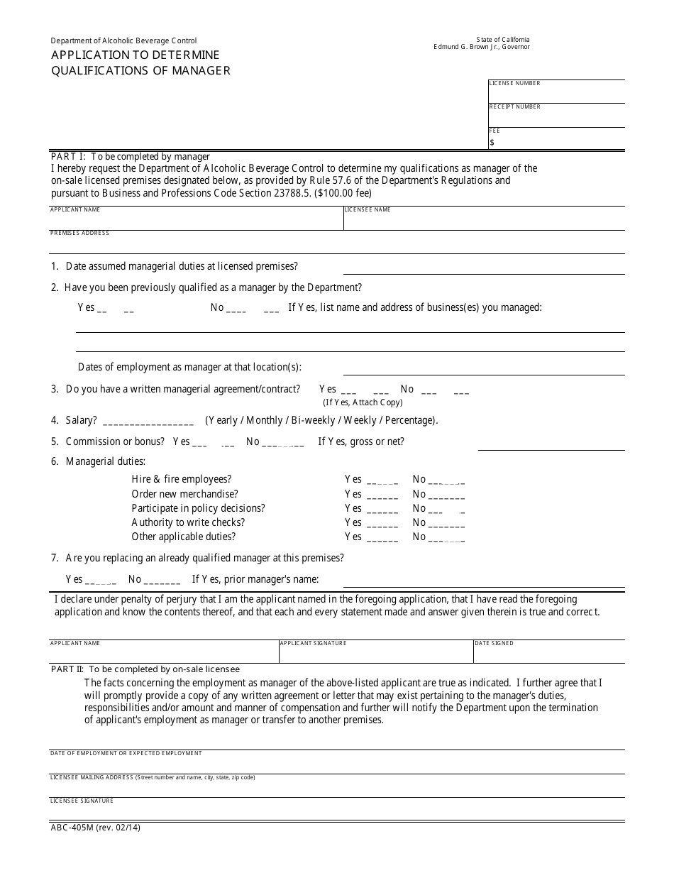 Form ABC-405M Application to Determine Qualifications of Manager - California, Page 1