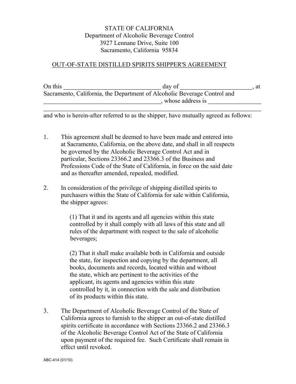 Form ABC-414 Out-of-State Distilled Spirits Shippers Agreement - California, Page 1