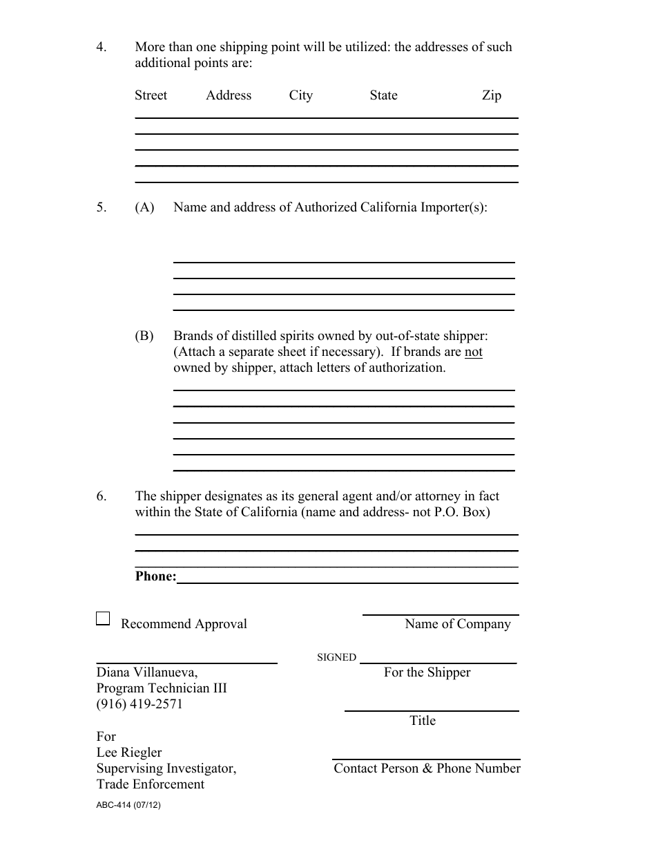 Form ABC-414 Out-of-State Distilled Spirits Shippers Agreement - California, Page 2