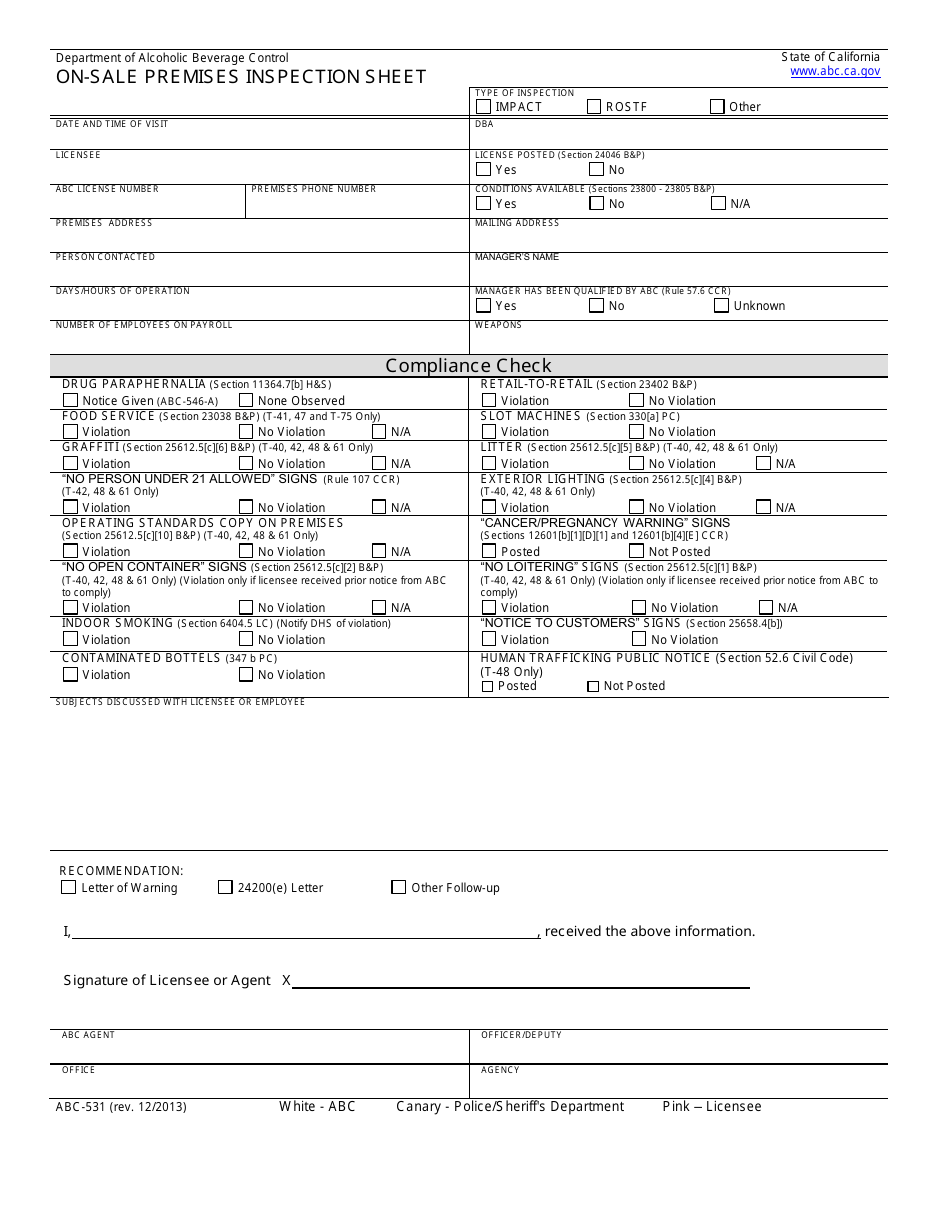 Form ABC-531 On-Sale Premises Inspection Sheet - California, Page 1