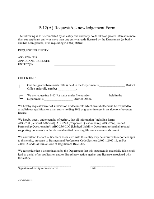 Form ABC-812 P-12(A) Request/Acknowledgement Form - California