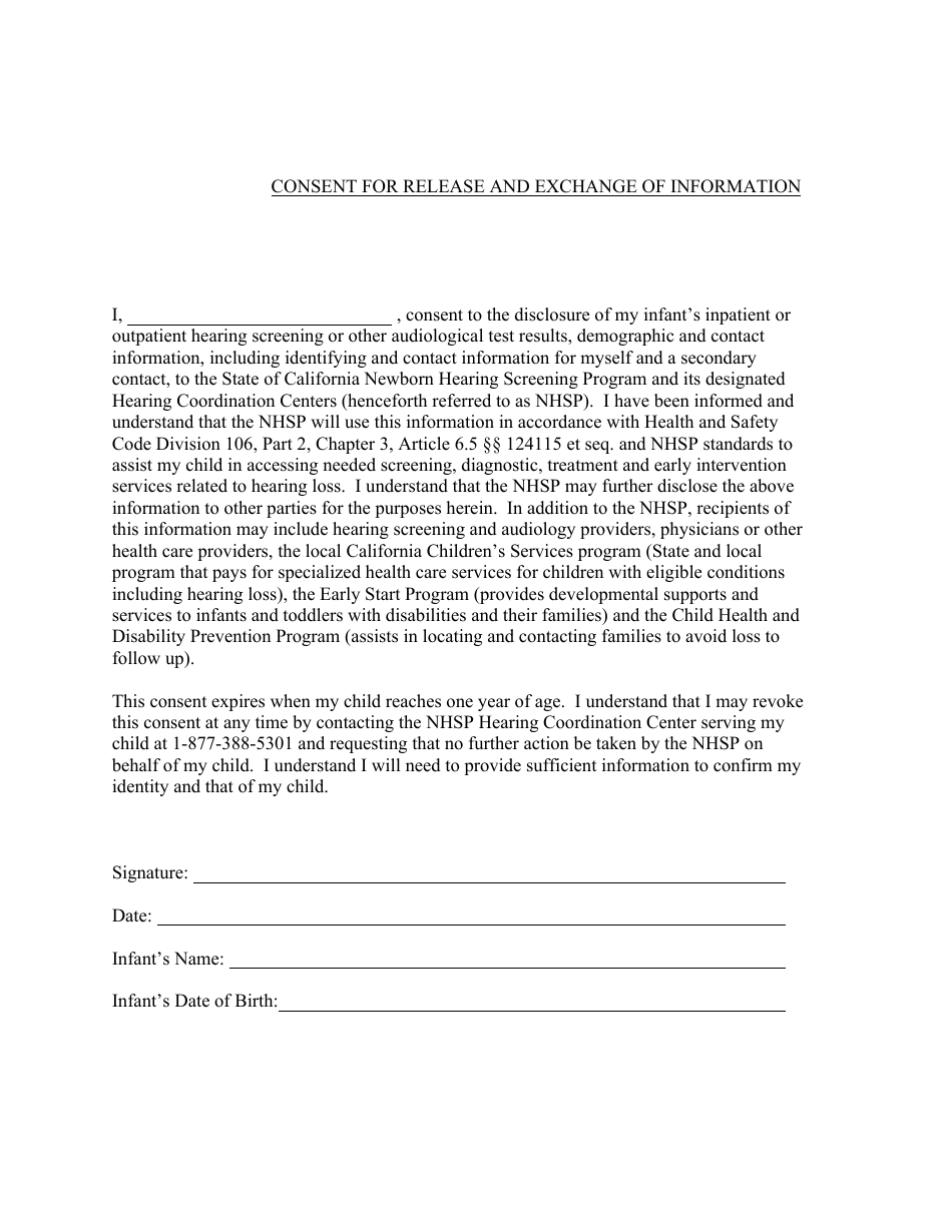 Consent for Release and Exchange of Information - California, Page 1
