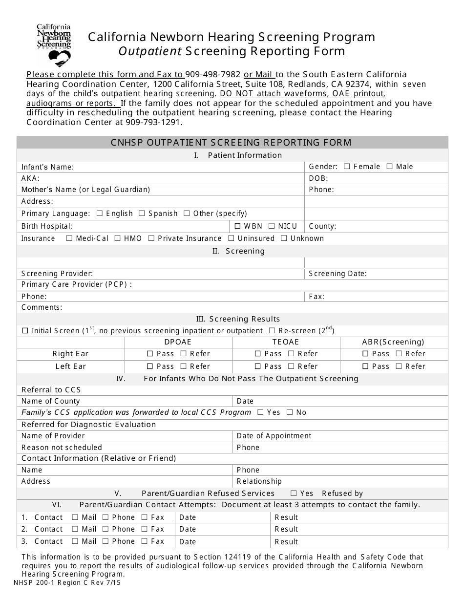 Form NHSP200-1 Outpatient Screening Reporting Form - Region C - California Newborn Hearing Screening Program - California, Page 1
