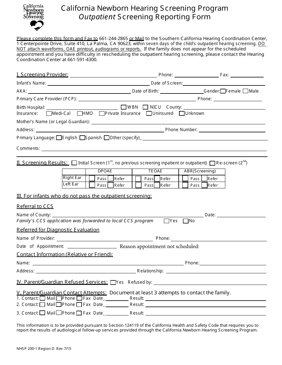 Form NHSP200-1 Outpatient Screening Reporting Form - Region D - California Newborn Hearing Screening Program - California, Page 1