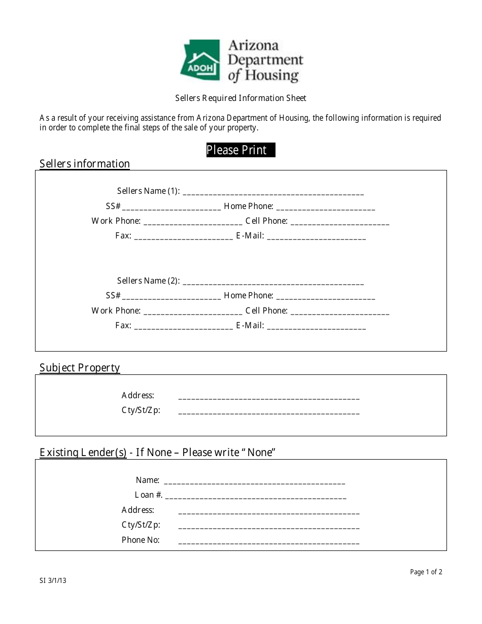 Form SI Sellers Required Information Sheet - Arizona, Page 1