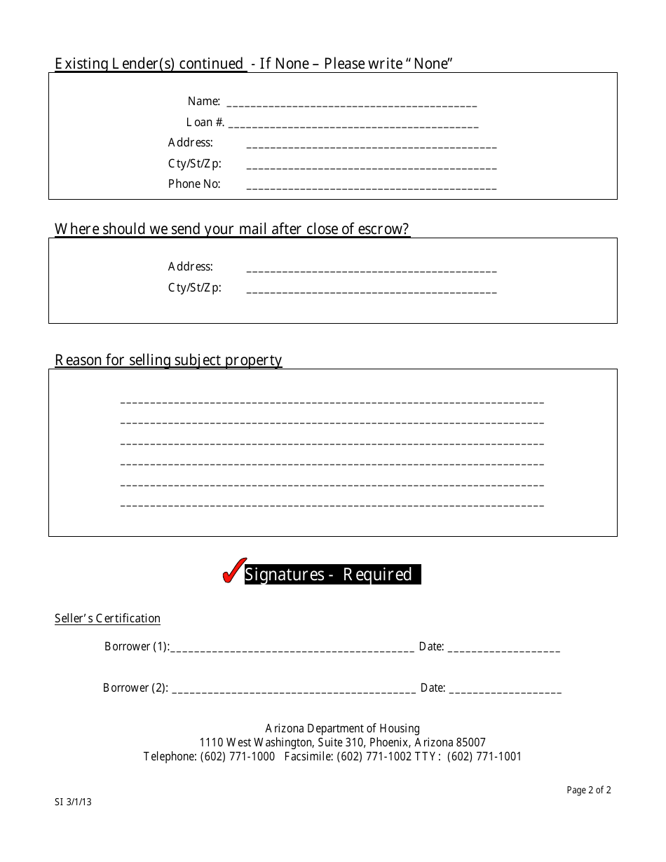 Form SI Sellers Required Information Sheet - Arizona, Page 2