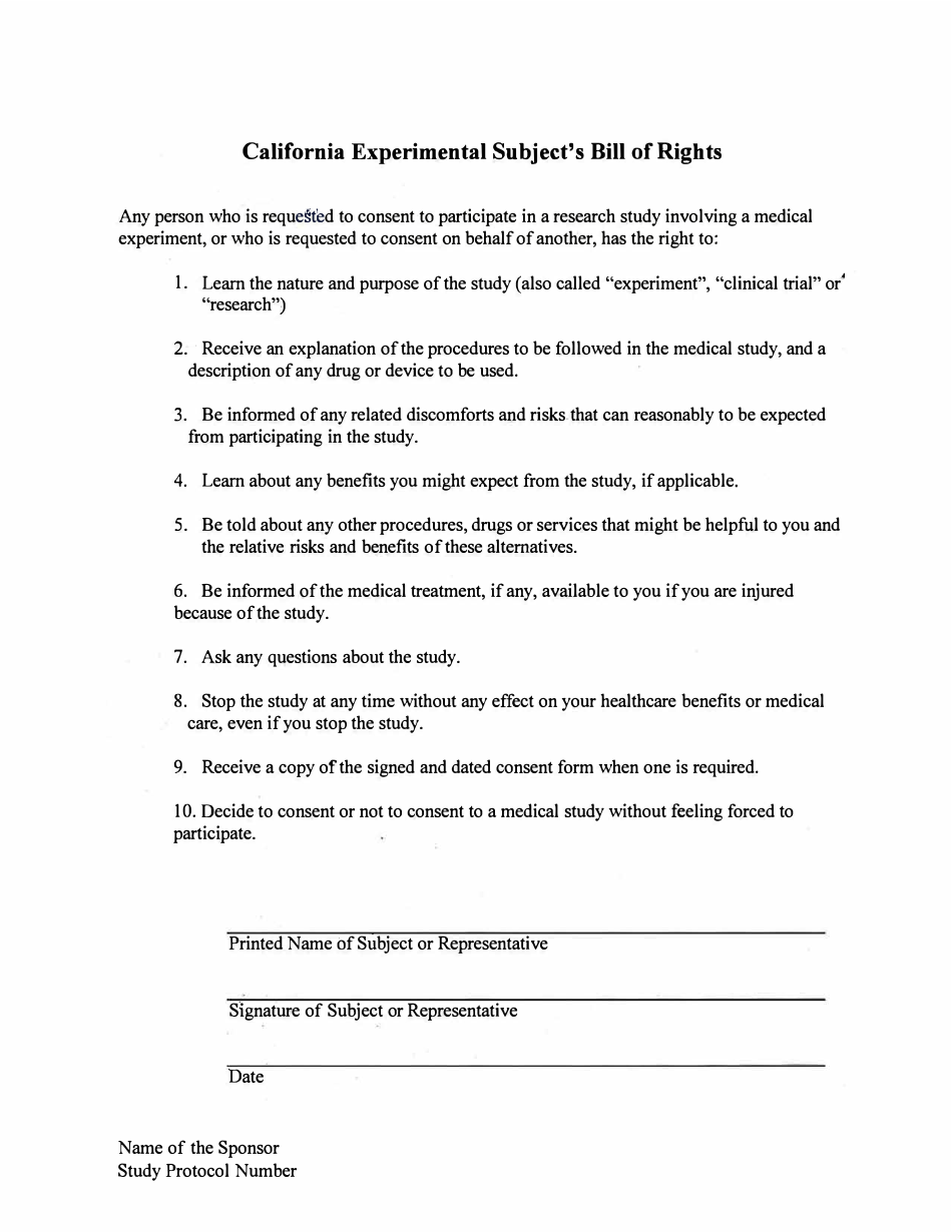 California Experimental Subjects Bill of Rights - California, Page 1