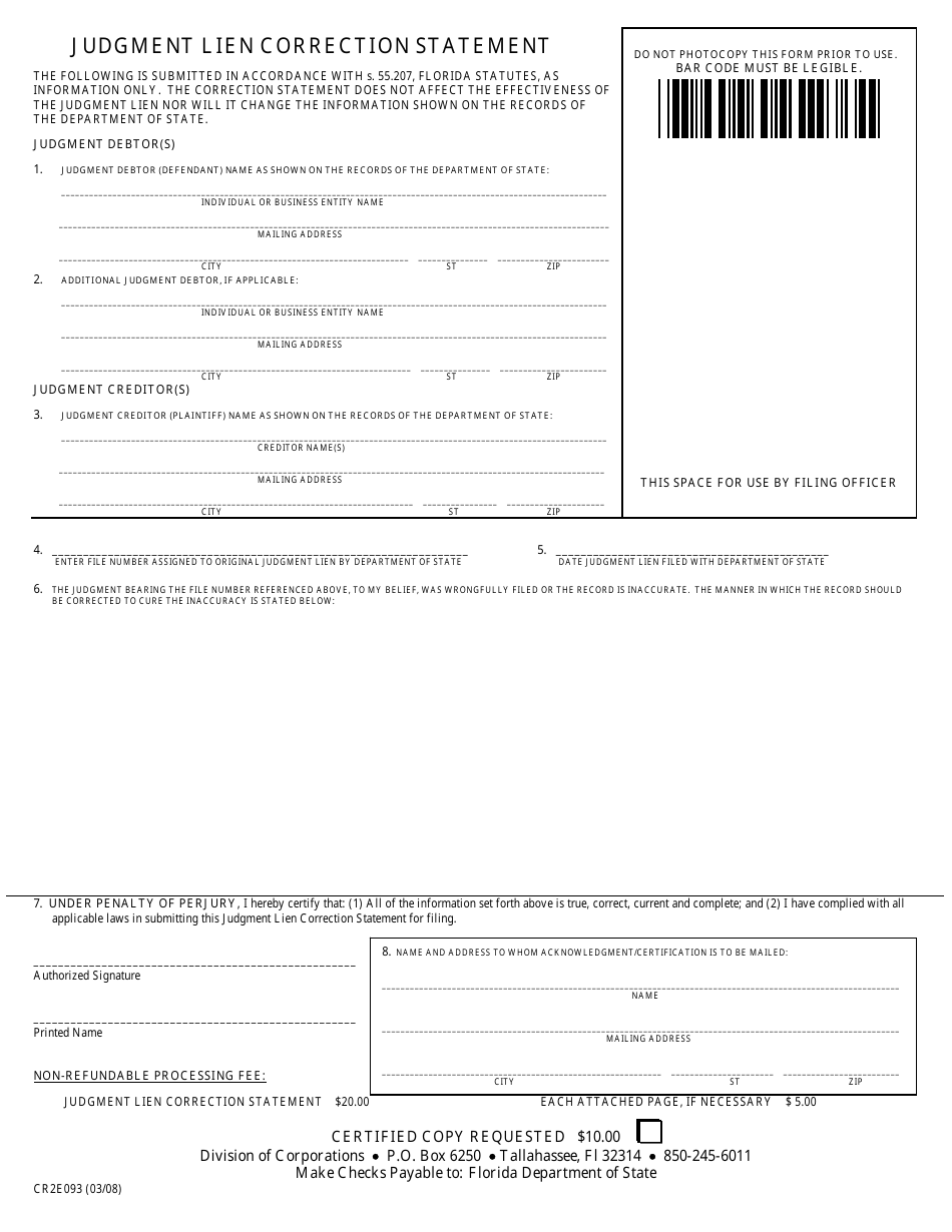 Form CR2E093 Download Fillable PDF or Fill Online Judgment Lien