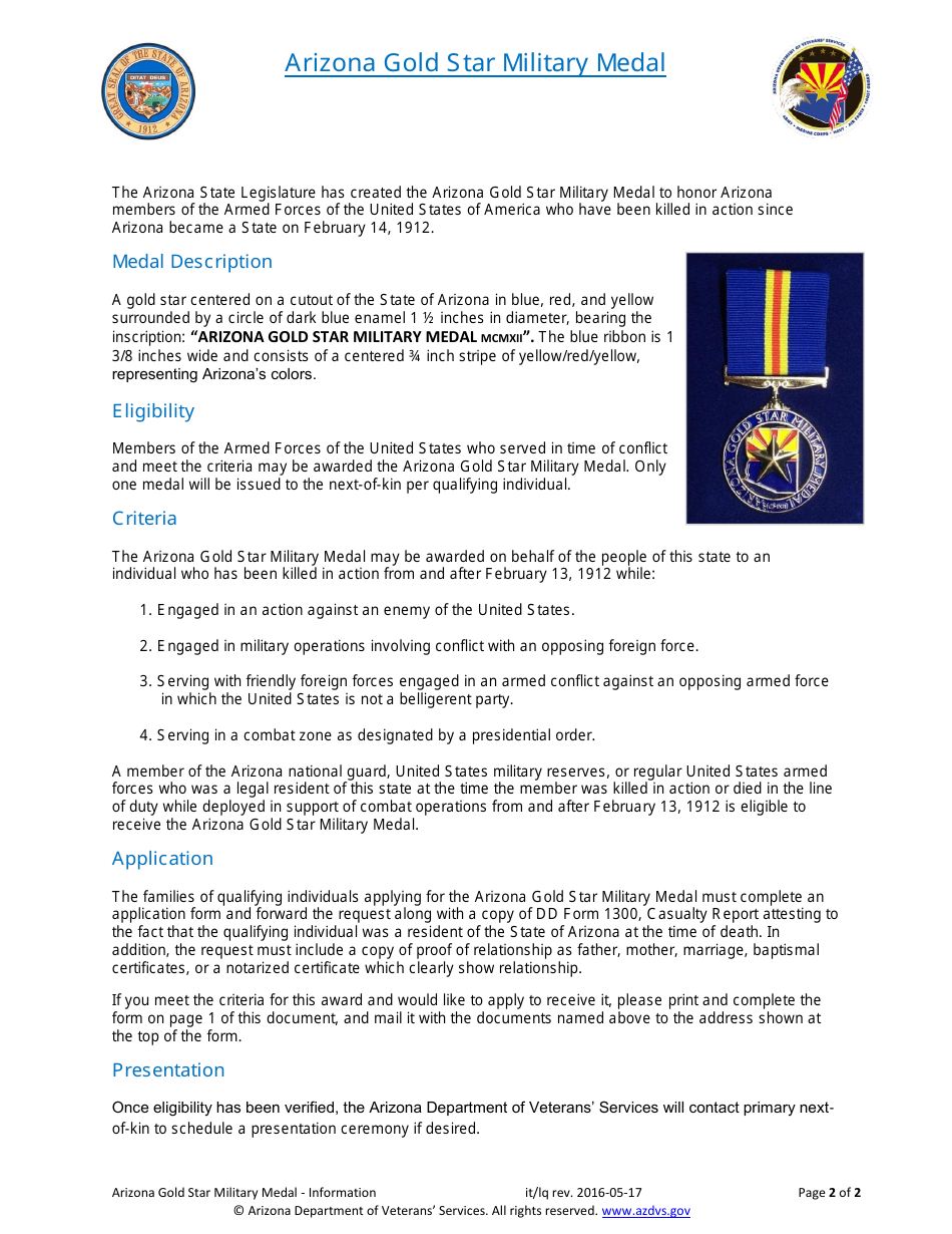 Arizona Gold Star Military Medal Application Form - Arizona, Page 2