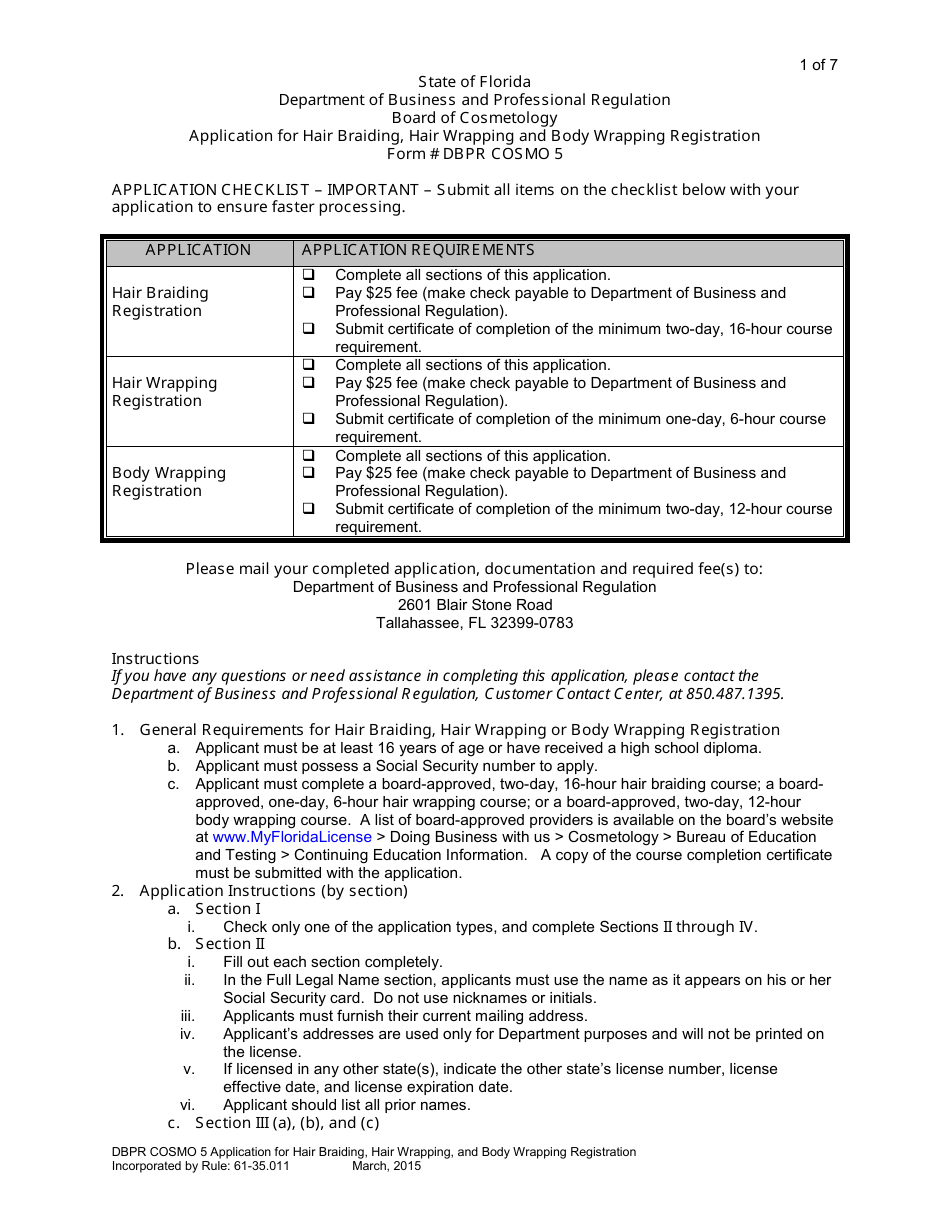 Form DBPR COSMO5 Application for Hair Braiding, Hair Wrapping and Body Wrapping Registration - Florida, Page 1