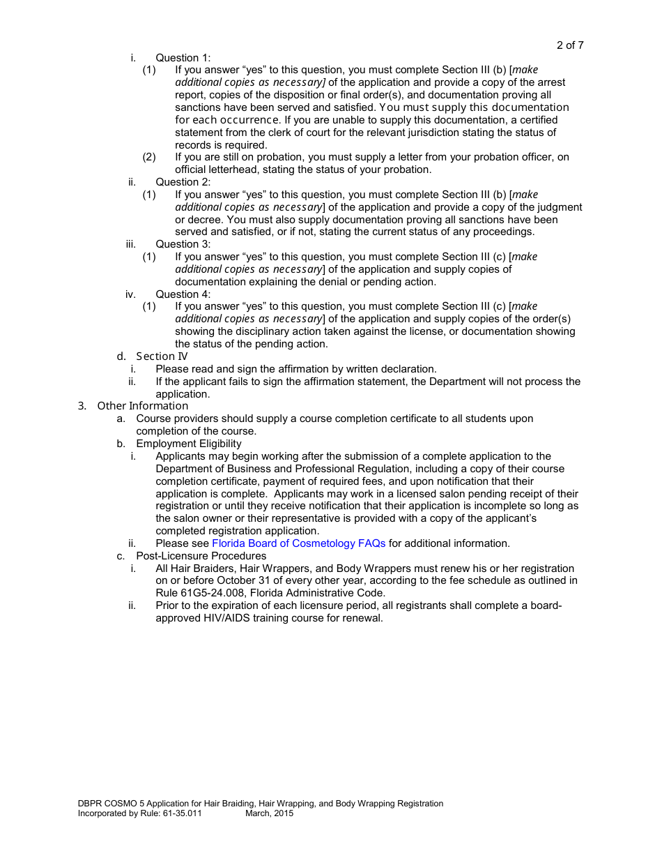 Form DBPR COSMO5 Application for Hair Braiding, Hair Wrapping and Body Wrapping Registration - Florida, Page 2