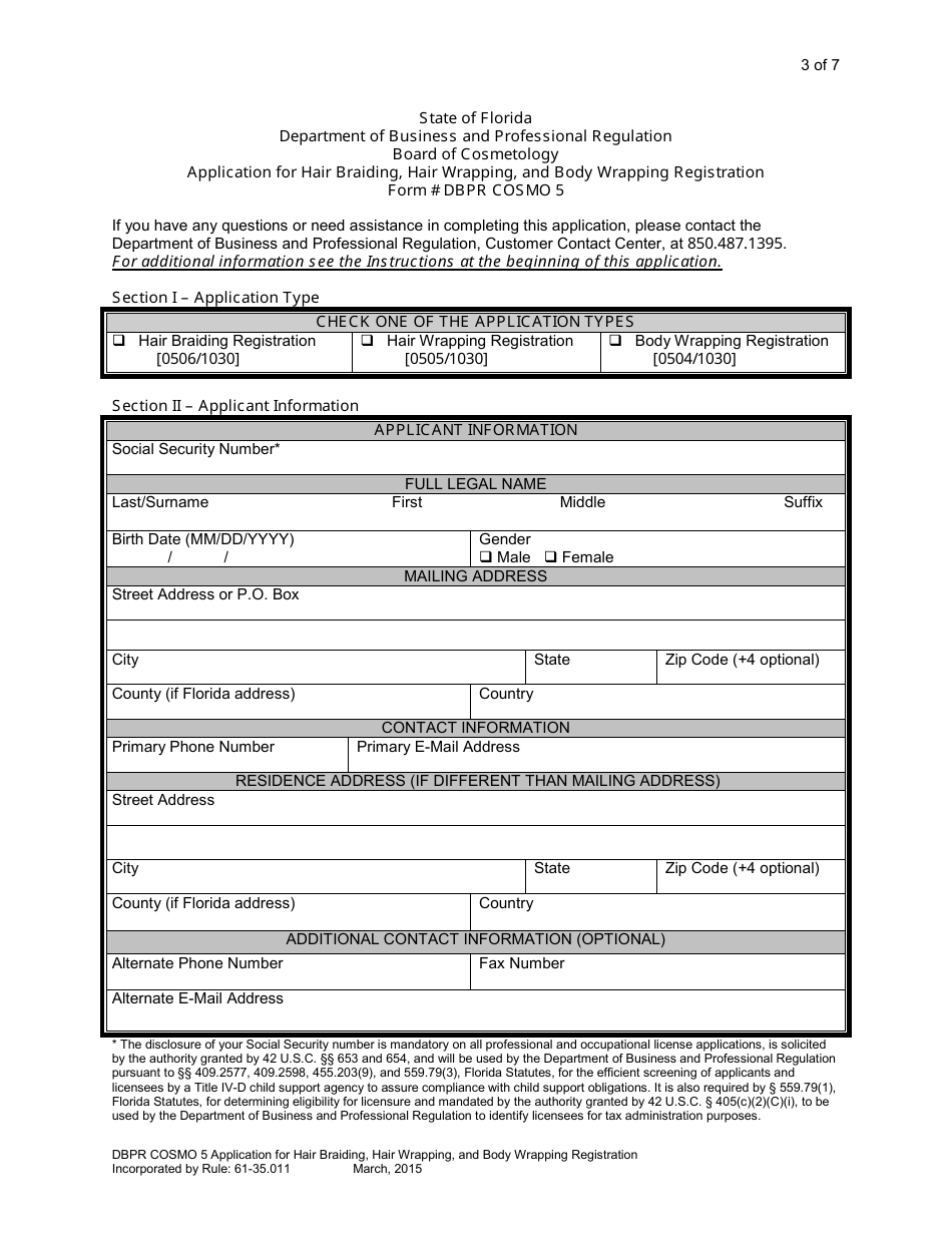 Form DBPR COSMO5 Fill Out, Sign Online and Download Printable PDF