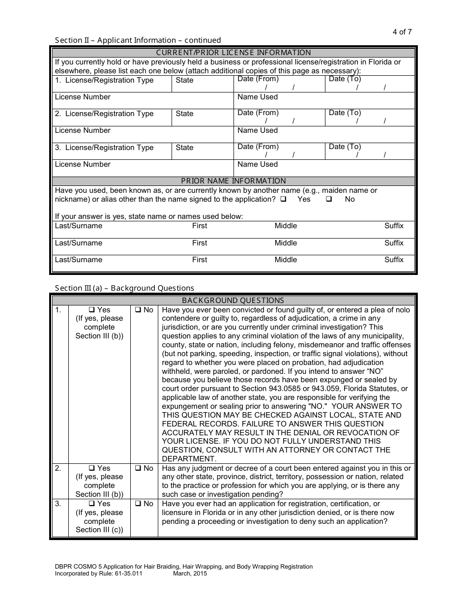 Form DBPR COSMO5 Application for Hair Braiding, Hair Wrapping and Body Wrapping Registration - Florida, Page 4