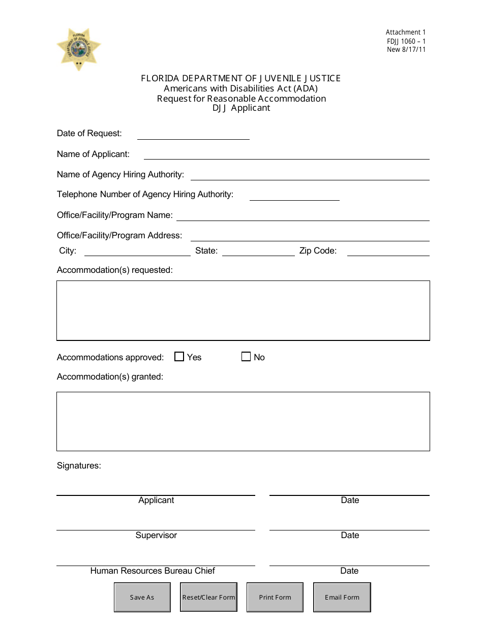 DJJ Form 1060-1 Attachment 1 Americans With Disabilities Act (Ada) Request for Reasonable Accommodation - DJJ Applicant - Florida, Page 1