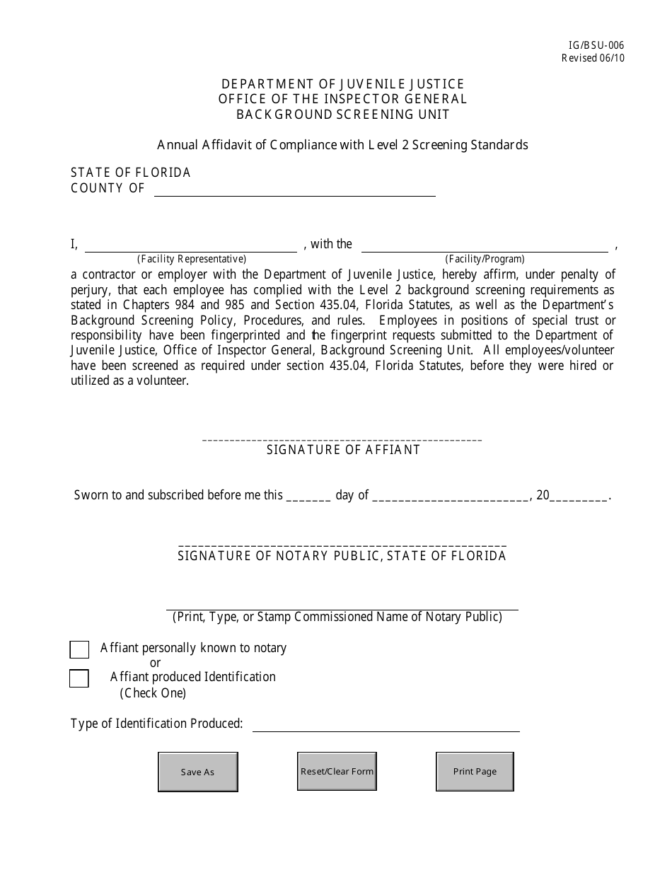 DJJ Form IG / BSU-006 Annual Affidavit of Compliance With Level 2 Screening Standards - Florida, Page 1