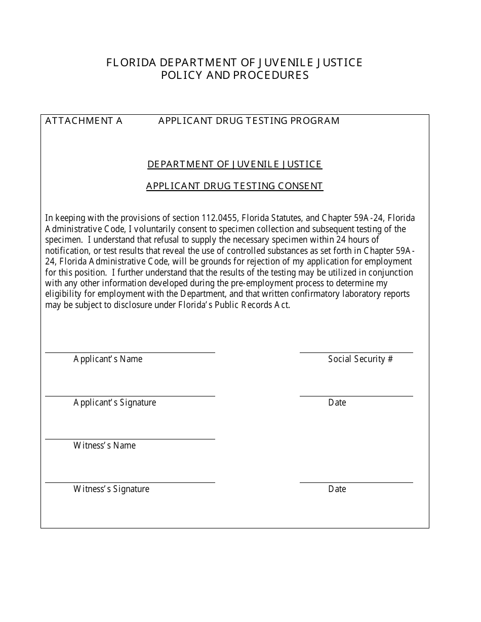 Attachment A Applicant Drug Testing Consent Form - Florida, Page 1