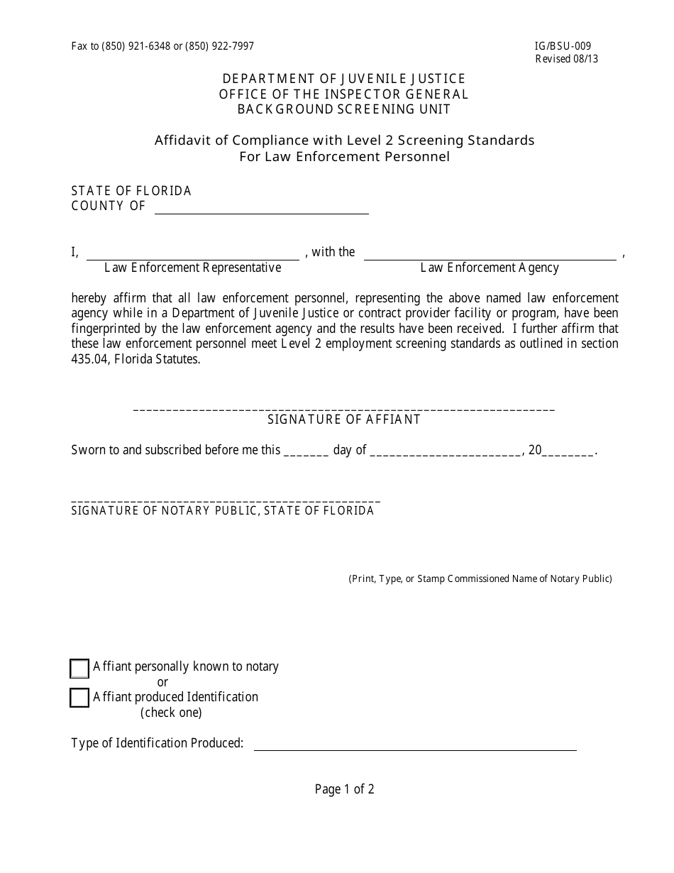 DJJ Form IG / BSU-009 Affidavit of Compliance With Level 2 Screening Standards for Law Enforcement Personnel - Florida, Page 1