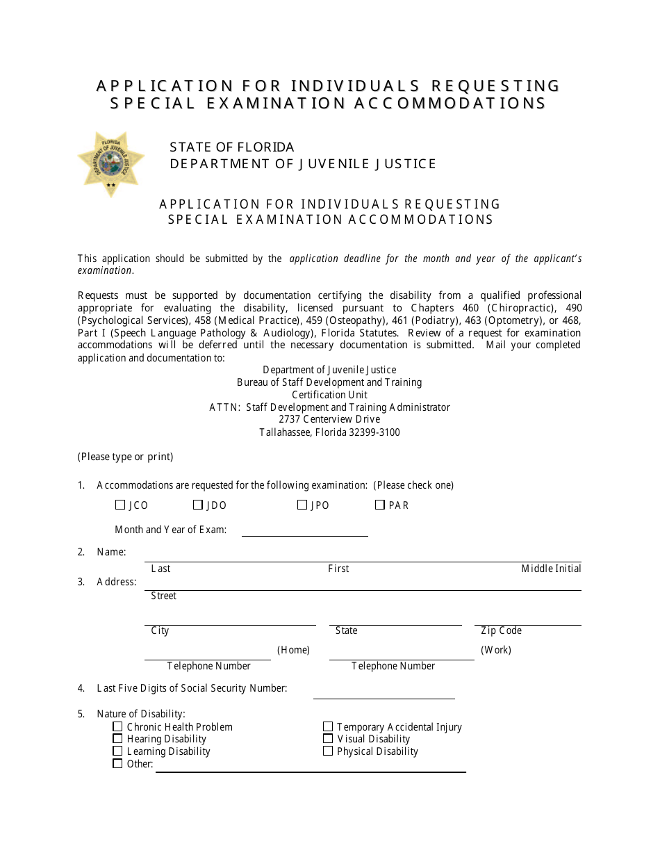 Application for Individuals Requesting Special Examination Accommodations - Florida, Page 1