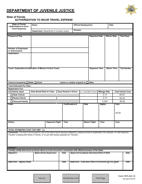 DJJ Form DFS-AA-13 Authorization to Incur Travel Expense - Florida
