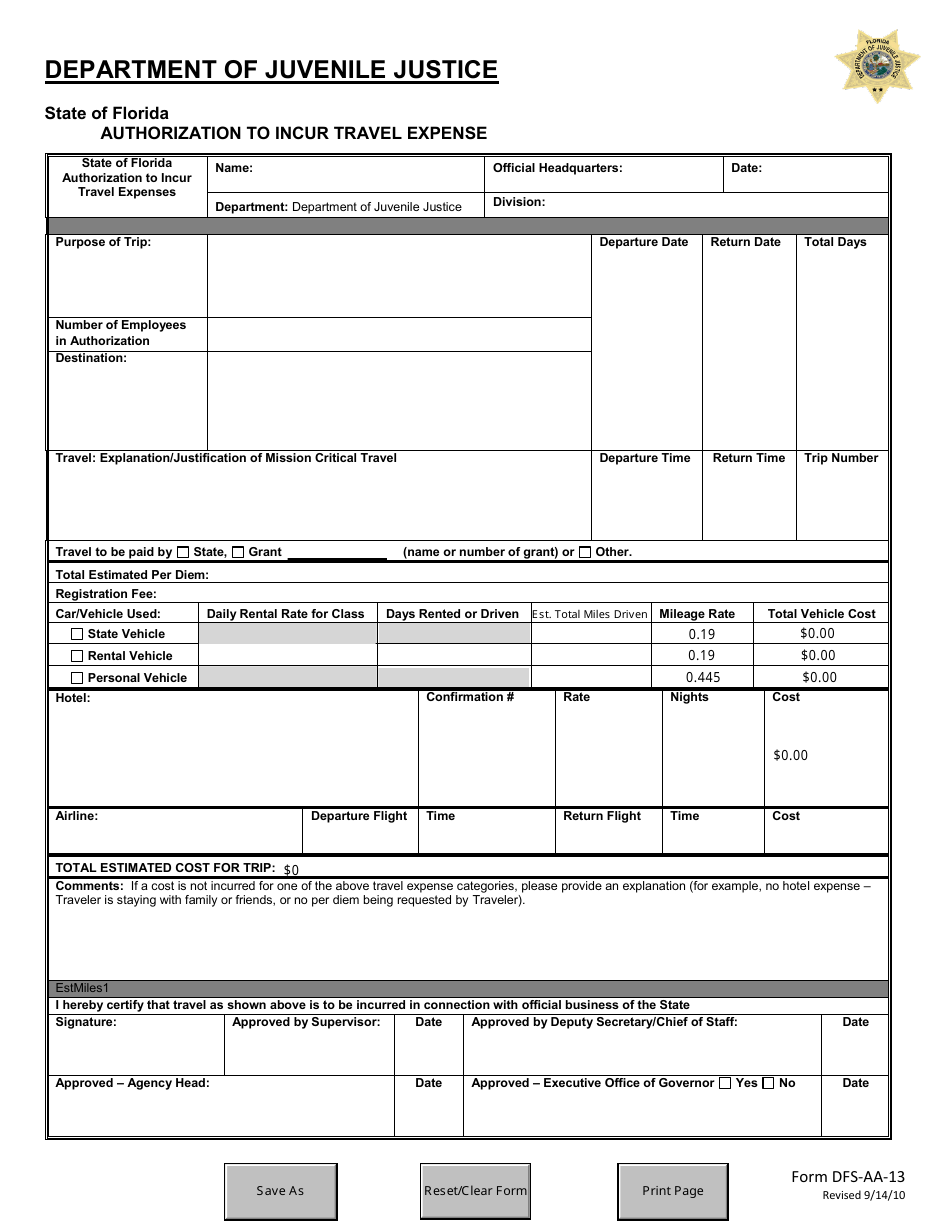 DJJ Form DFS-AA-13 Authorization to Incur Travel Expense - Florida, Page 1