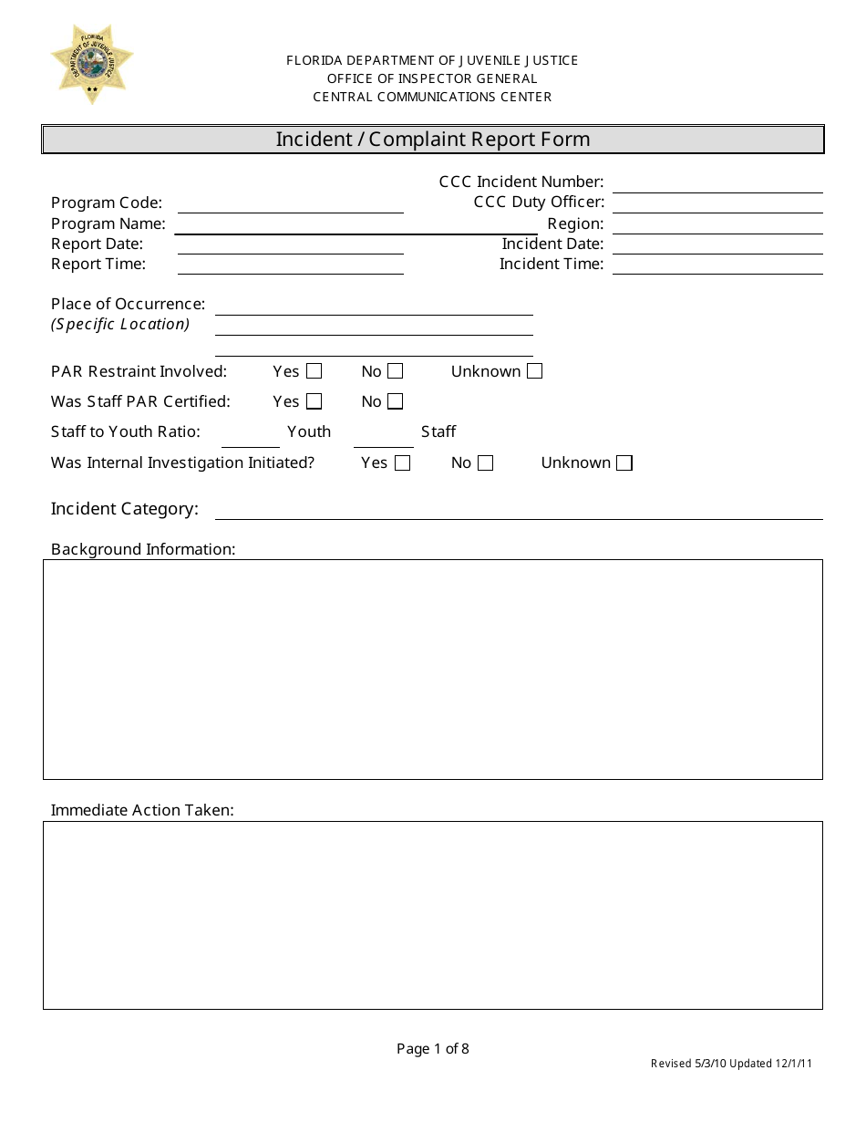 Incident / Complaint Report Form - Florida, Page 1