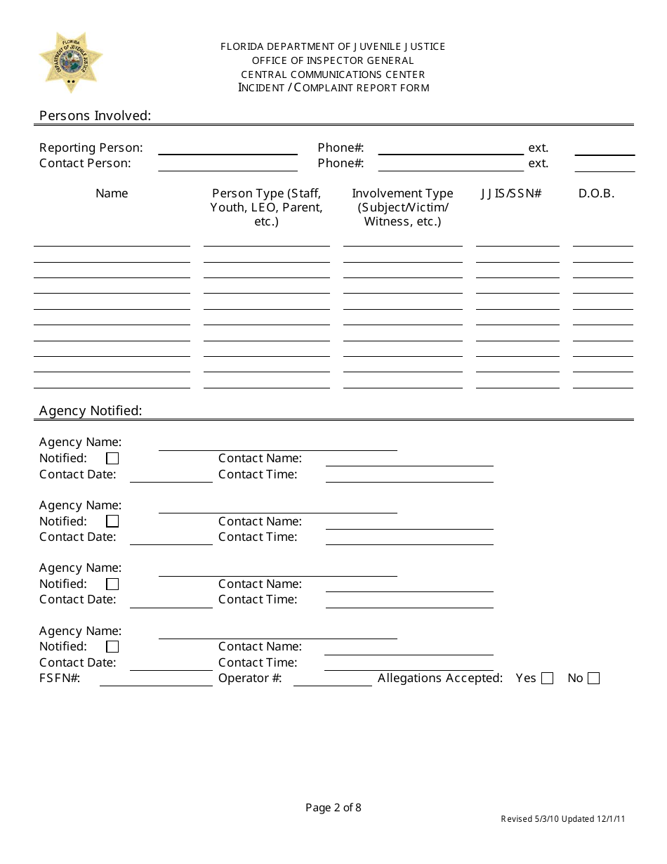 Incident / Complaint Report Form - Florida, Page 2