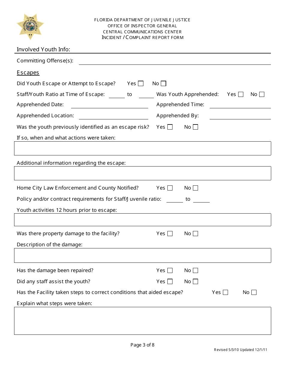 Incident / Complaint Report Form - Florida, Page 3