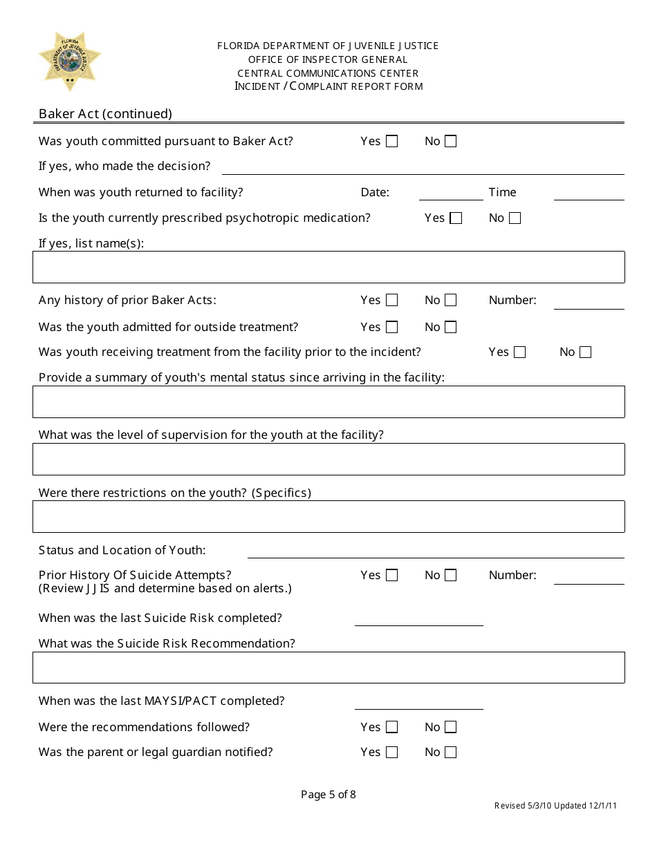 Incident / Complaint Report Form - Florida, Page 5
