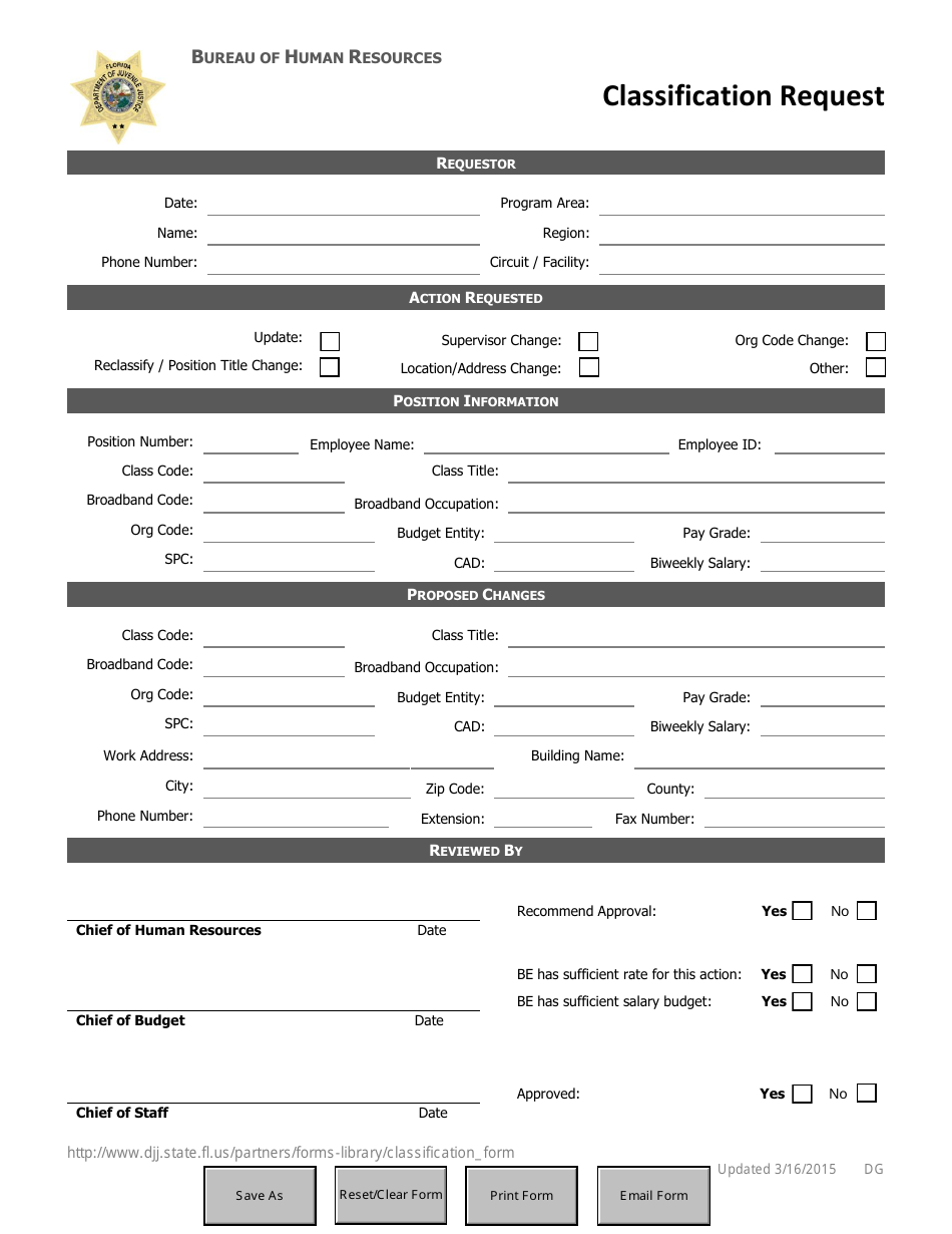 Classification Request Form - Florida, Page 1