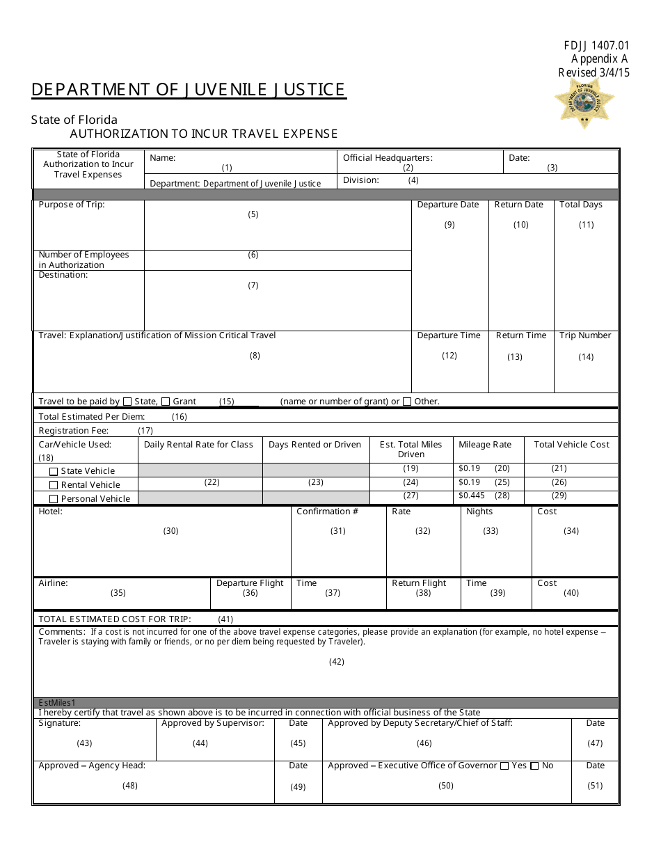 DJJ Form DFS-AA-13 Appendix A Authorization to Incur Travel Expense - Florida, Page 3
