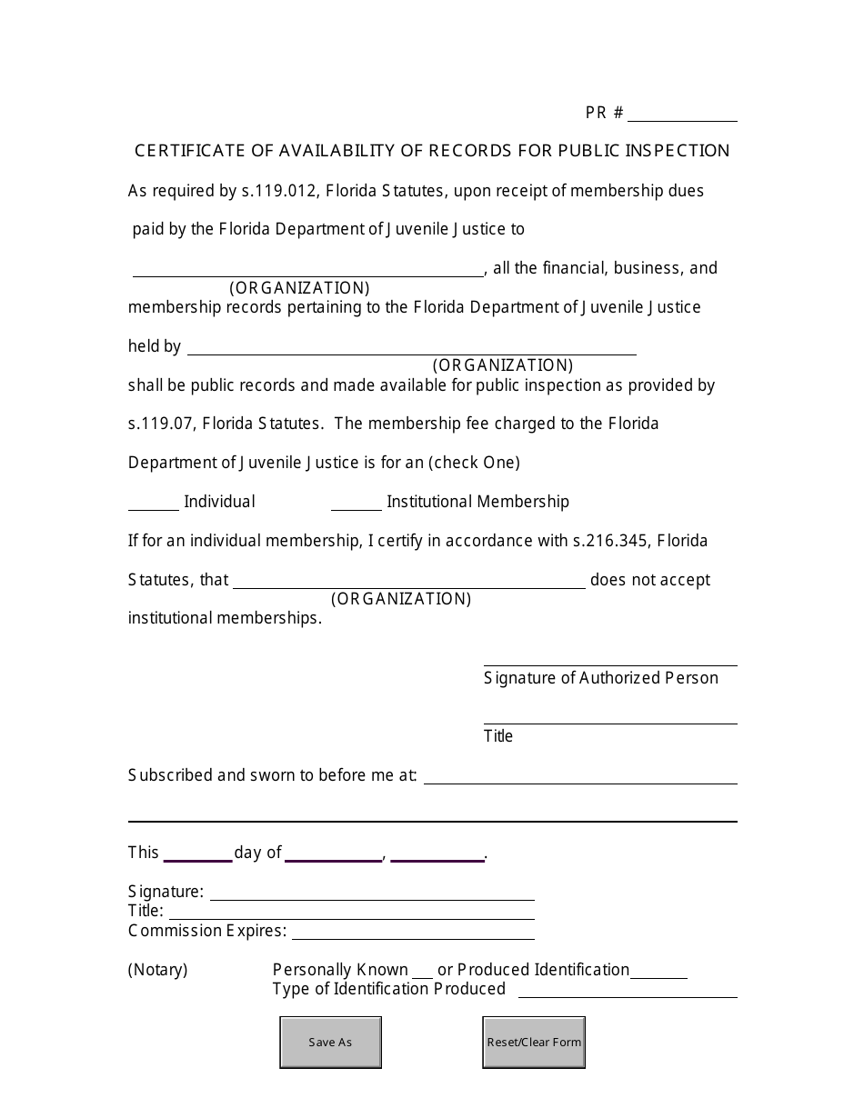 Certificate of Availability of Records for Public Inspection - Florida, Page 1