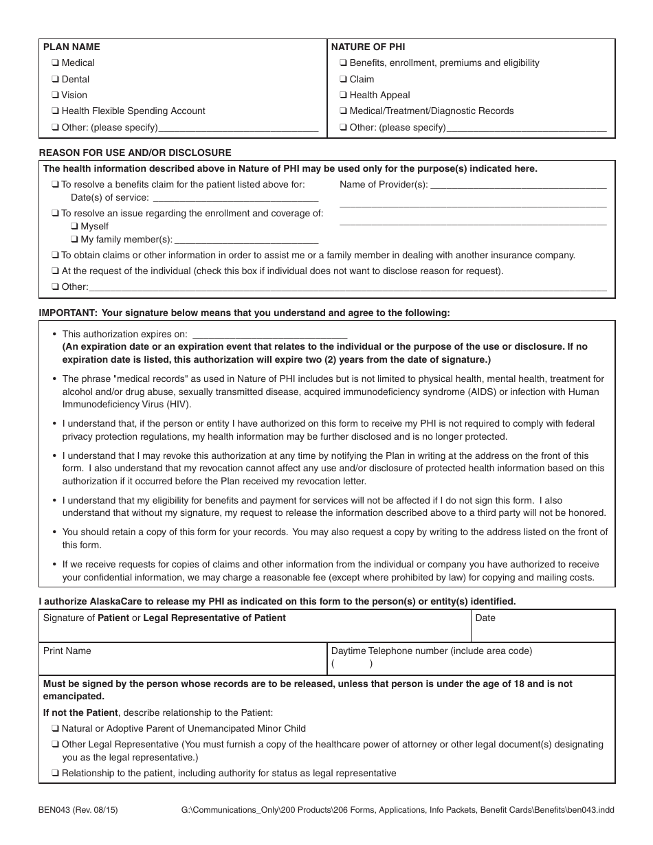 Form BEN043 Authorization for the Use and / or Disclosure of Protected Health Information (Phi) - Alaska, Page 2