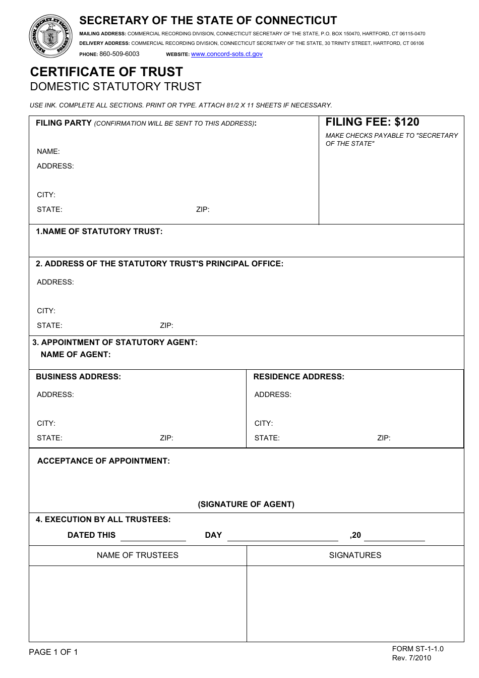 Form ST-1-1.0 Certificate of Trust - Domestic Statutory Trust - Connecticut, Page 1