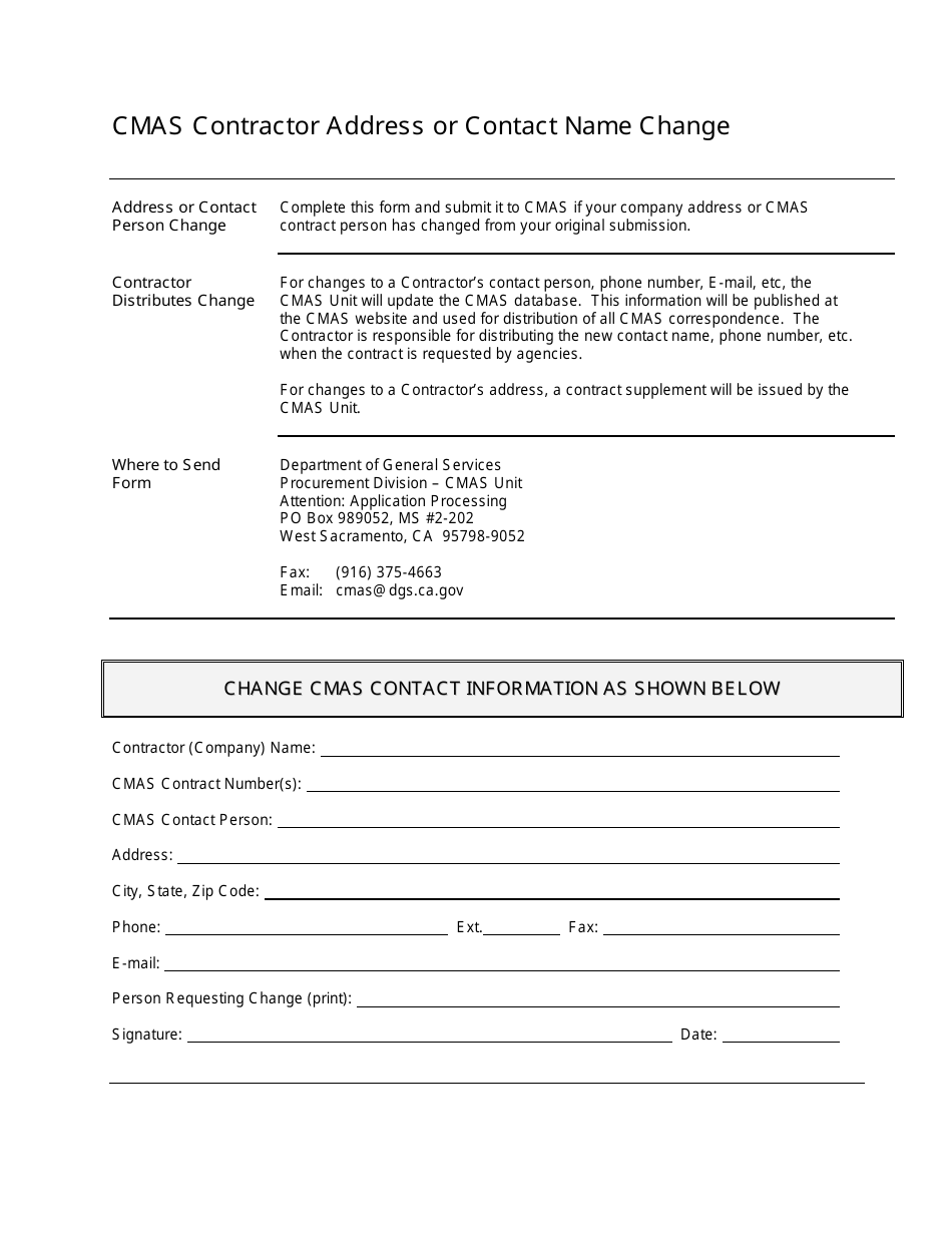 Cmas Contractor Address or Contact Name Change Form - California, Page 1