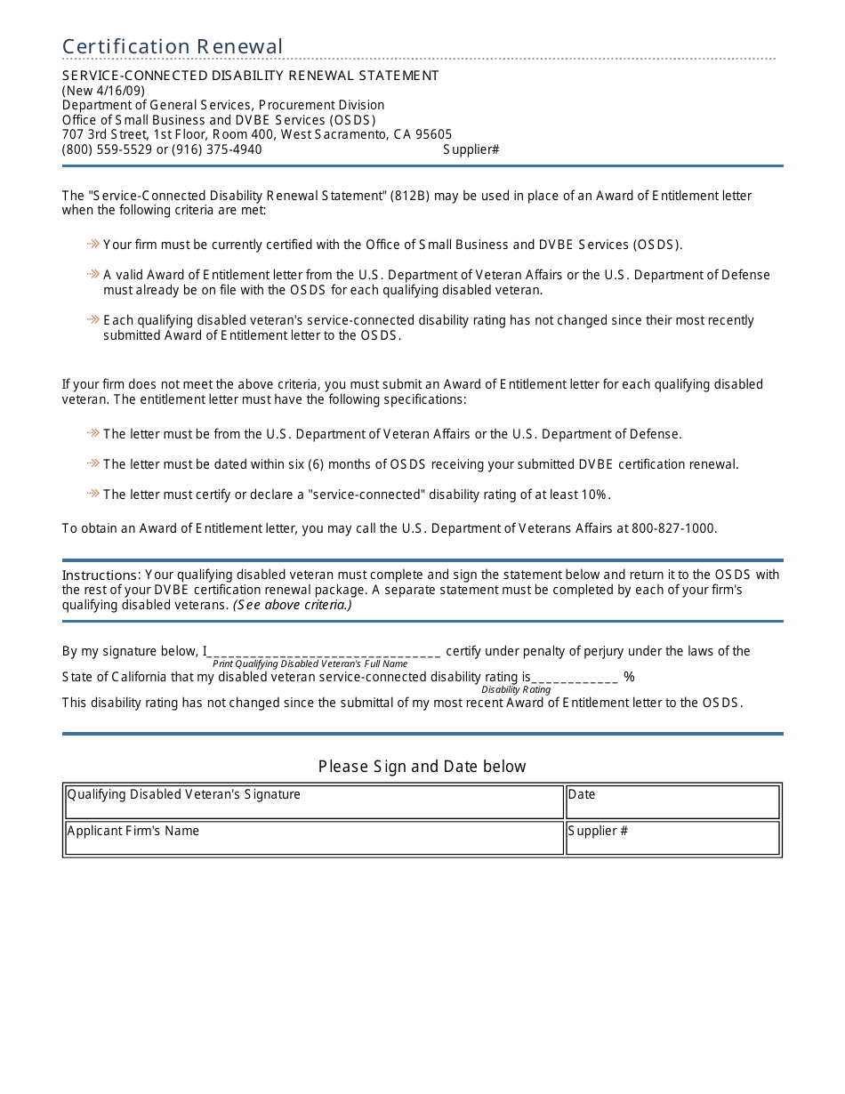 Service-Connected Disability Renewal Statement Form - California, Page 1