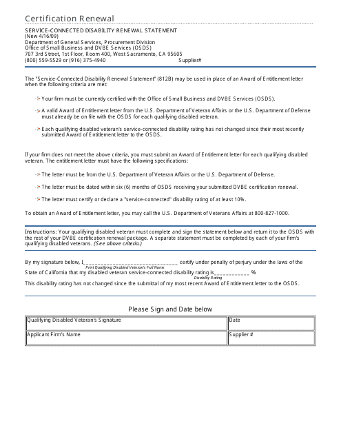 Service-Connected Disability Renewal Statement Form - California Download Pdf
