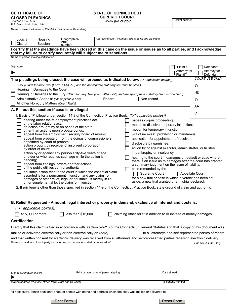 Form JD-CV-11 Certificate of Closed Pleadings - Connecticut, Page 1