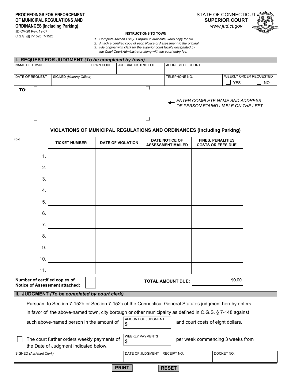 Form JD-CV-20 Proceedings for Enforcement of Municipal Regulations and Ordinances (Including Parking) - Connecticut, Page 1