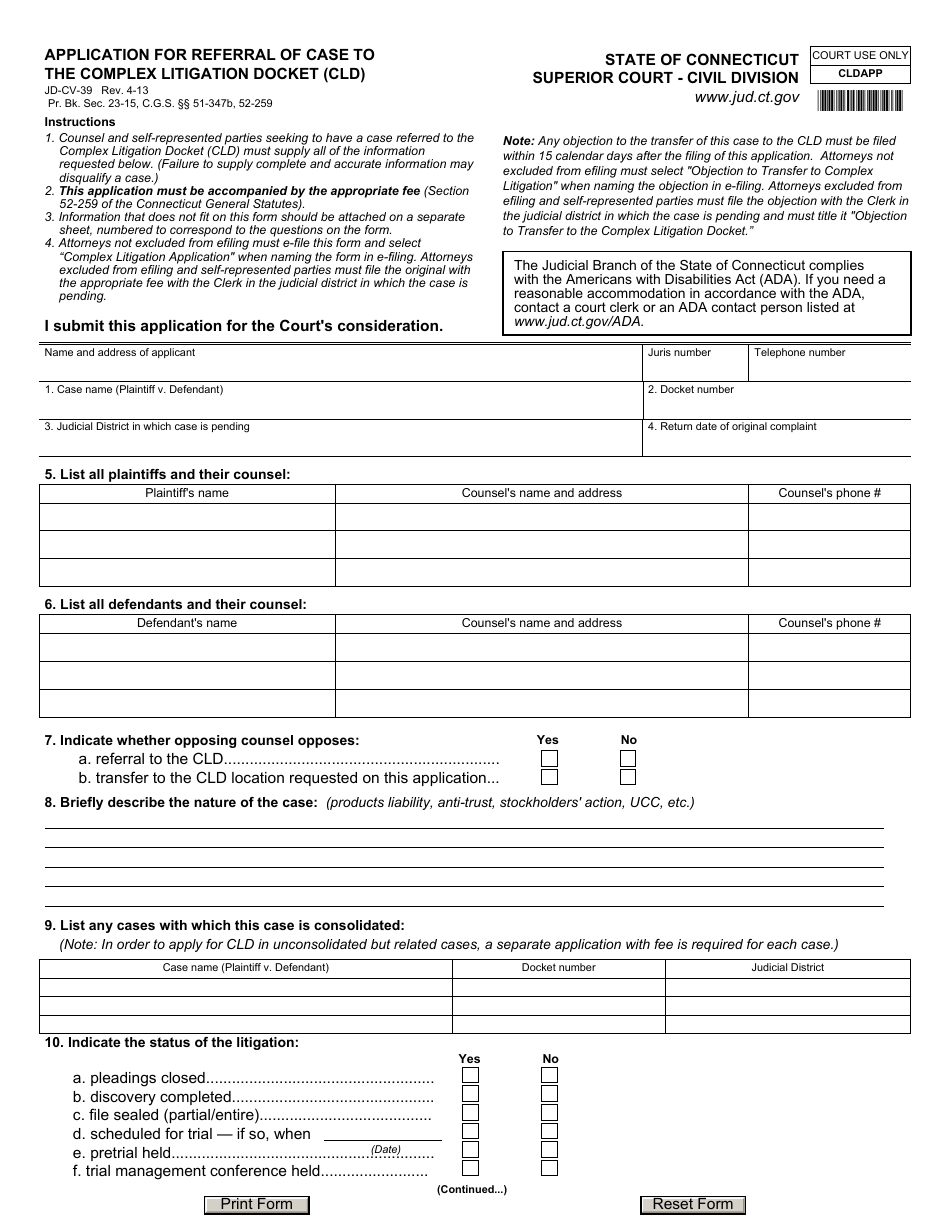 Form JD-CV-39 Application for Referral of Case to the Complex Litigation Docket (Cld) - Connecticut, Page 1