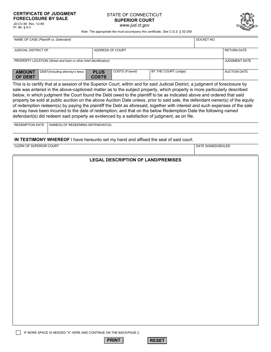 Form JD-CV-46 Certificate of Judgment, Foreclosure by Sale - Connecticut, Page 1